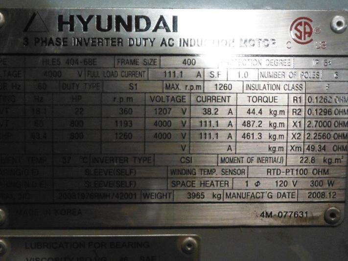 800 HP 1200 RPM Hyundai, Frame 400, TEFC, sleeve bearing, 2008 - Image 2