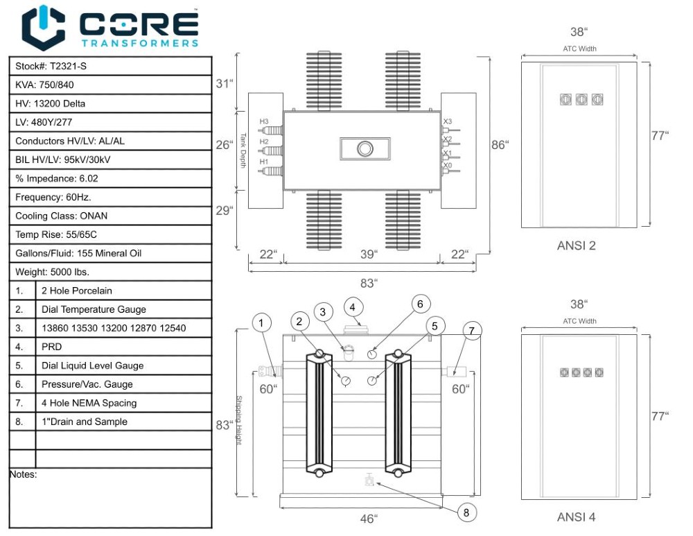 750 KVA 13200 Delta Primary, 480Y/277 Secondary, SUB, proCORE(immediate shipment available) - Image 4