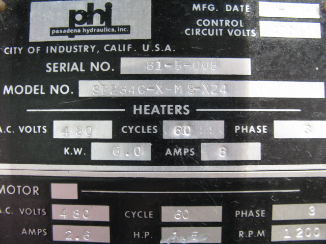 25 Ton, PHI, 12.5" x12.5", elec.heat/water cool, 8.5" daylight, 6" stroke, 1.5 HP, 1700 pounds, #2000 - Image 4