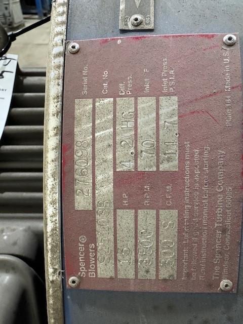 Spencer #S25103B vacuum, 15 HP, 3550 RPM, S/N 276098 - Image 6