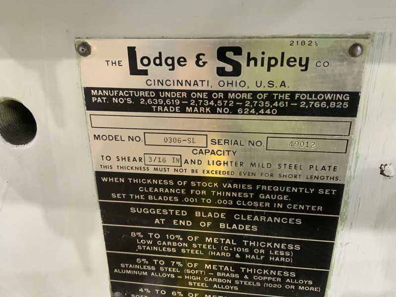 3/16" x 6' Lodge & Shipley #0306-SL, power squaring shear, 36" front operated power back gauge, 60 SPM, 10 HP - Image 6