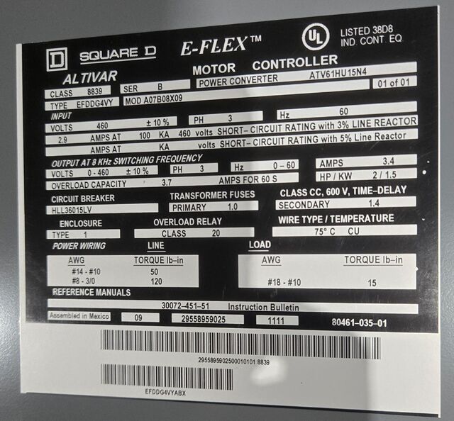 2 HP Square D, E-Flex-EFDDG4VT, Variable Speed Drive, Class 8839, 3 Phase, 2.9 Amps, 460 Volts - Image 7