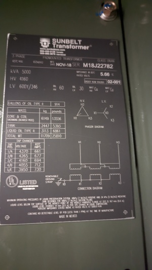 5000 KVA 4160 Delta Primary, 600Y/346 Secondary, Sunbelt, padmount transformer, 2018 - Image 6