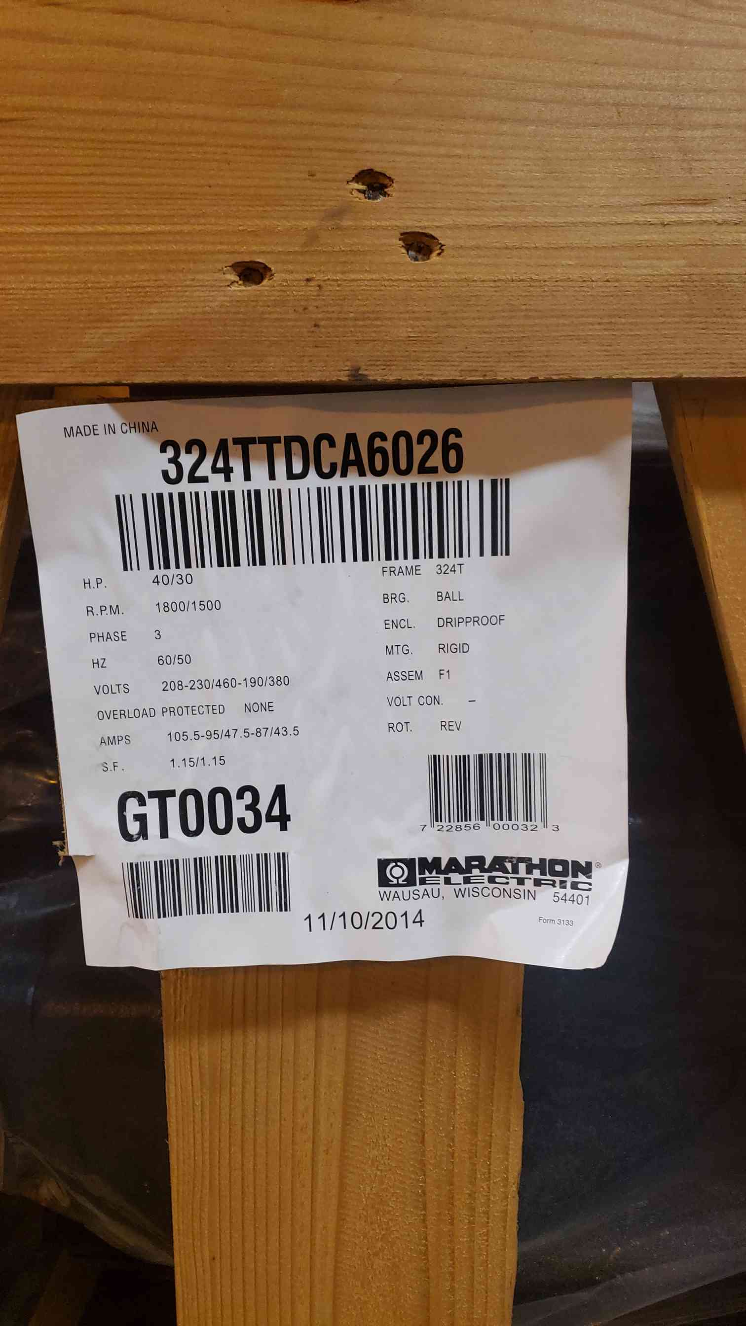 40 HP 1800 RPM Marathon Electric GlobeTrotter #324TTDCA6026, 3 PH, 208-230 Volts, .1.15 service factor - Image 3