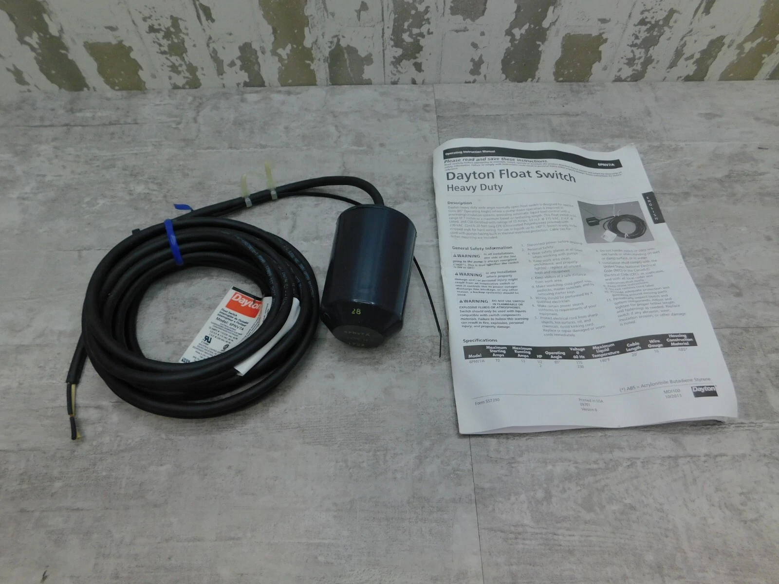 Dayton Float Switch, 6PNV7A, 110/230V, 20' Cord, 13A, new - Image 1