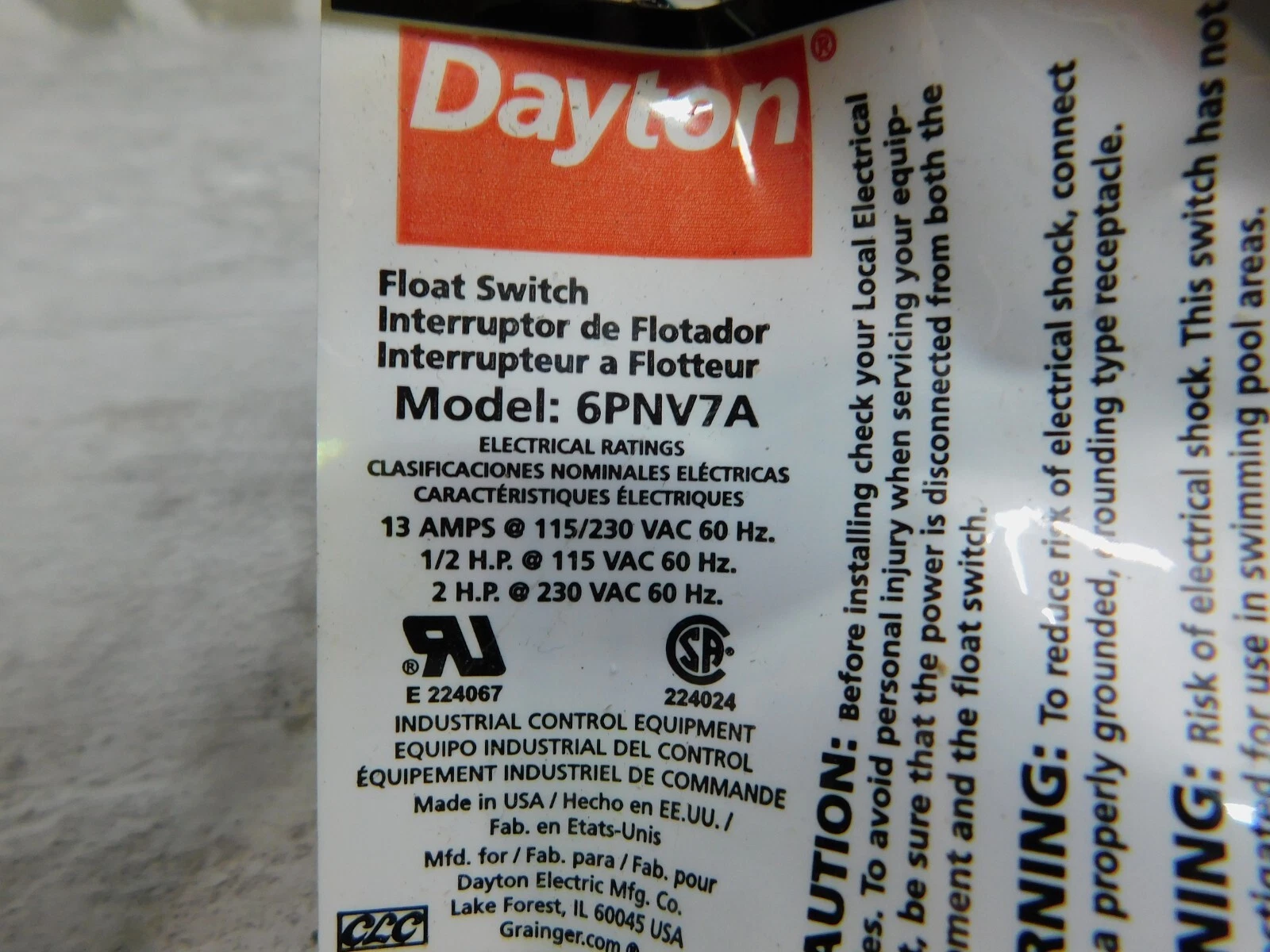 Dayton Float Switch, 6PNV7A, 110/230V, 20' Cord, 13A, new - Image 2