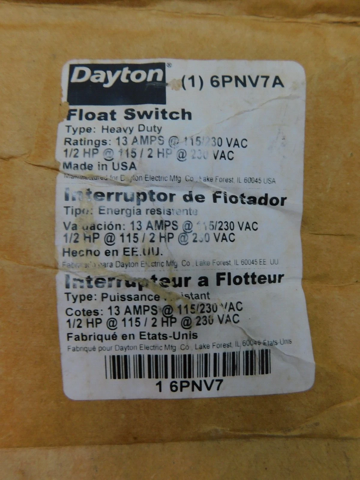 Dayton Float Switch, 6PNV7A, 110/230V, 20' Cord, 13A, new - Image 3