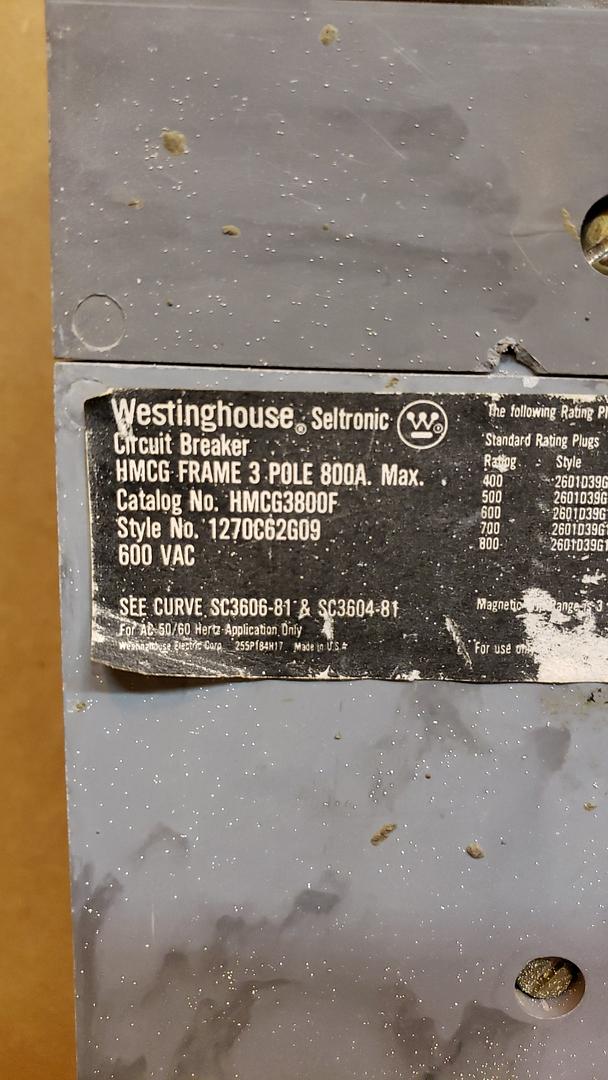 800 Amps, Westinghouse, HMCG3800F, Circuit Breaker, 3-Pole, 600 VAC - Image 2