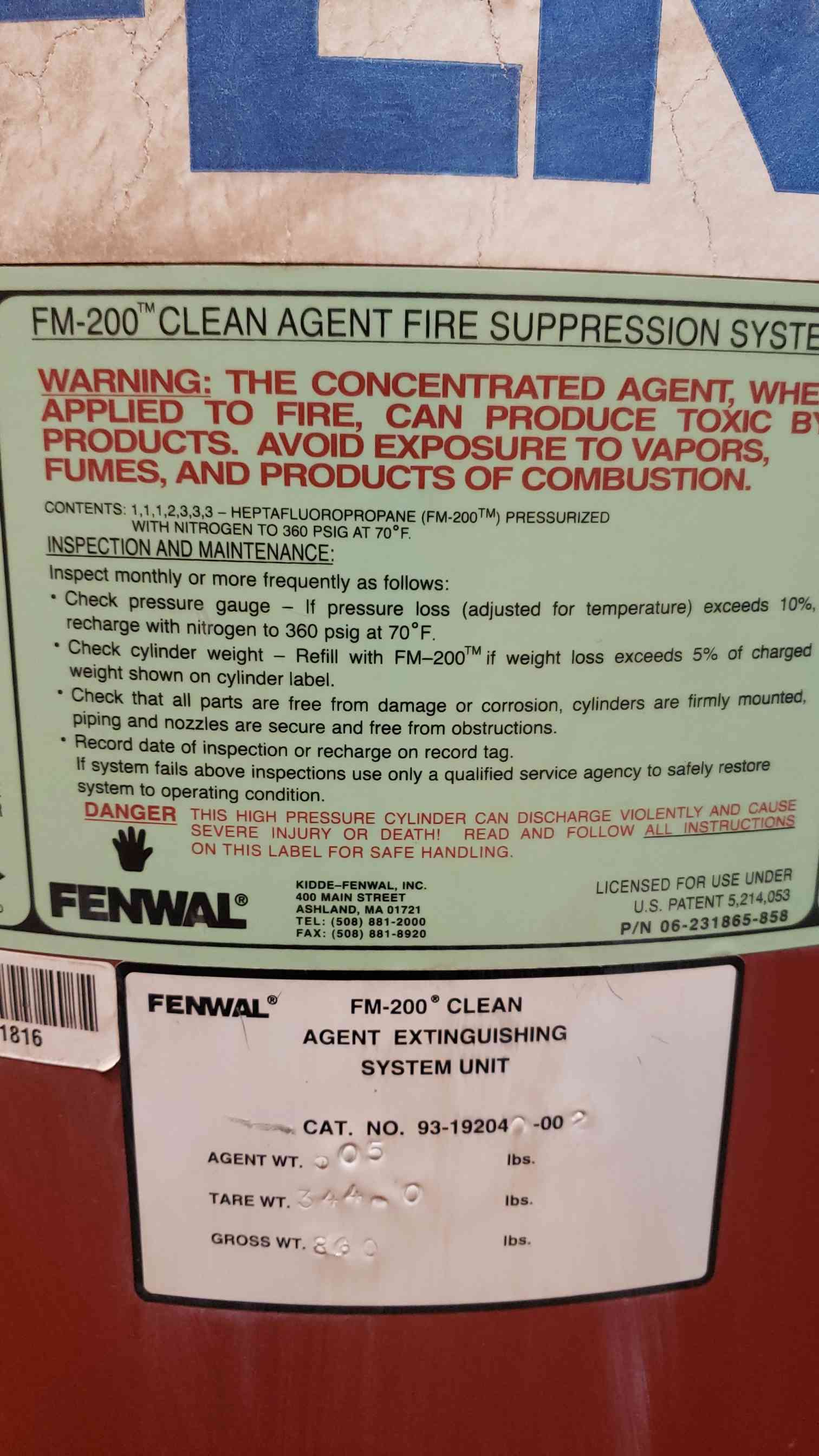 505 lbs. Fenwal, Fire Suppression Cylinder, FM-200 Clean Agent, 32-130 F Temp. range, 360 psig @ 70 F - Image 3