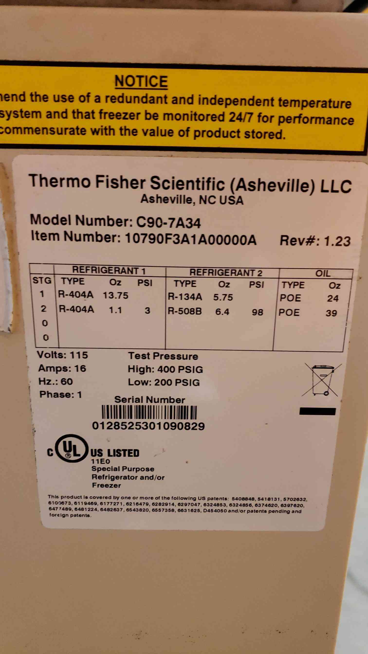 Thermo Scientific #C90-7A34, Special Purpose Ultra Low Lab Freezer, 2-Stage, 400/200 psig, 1 Phase, 16 Amps - Image 6