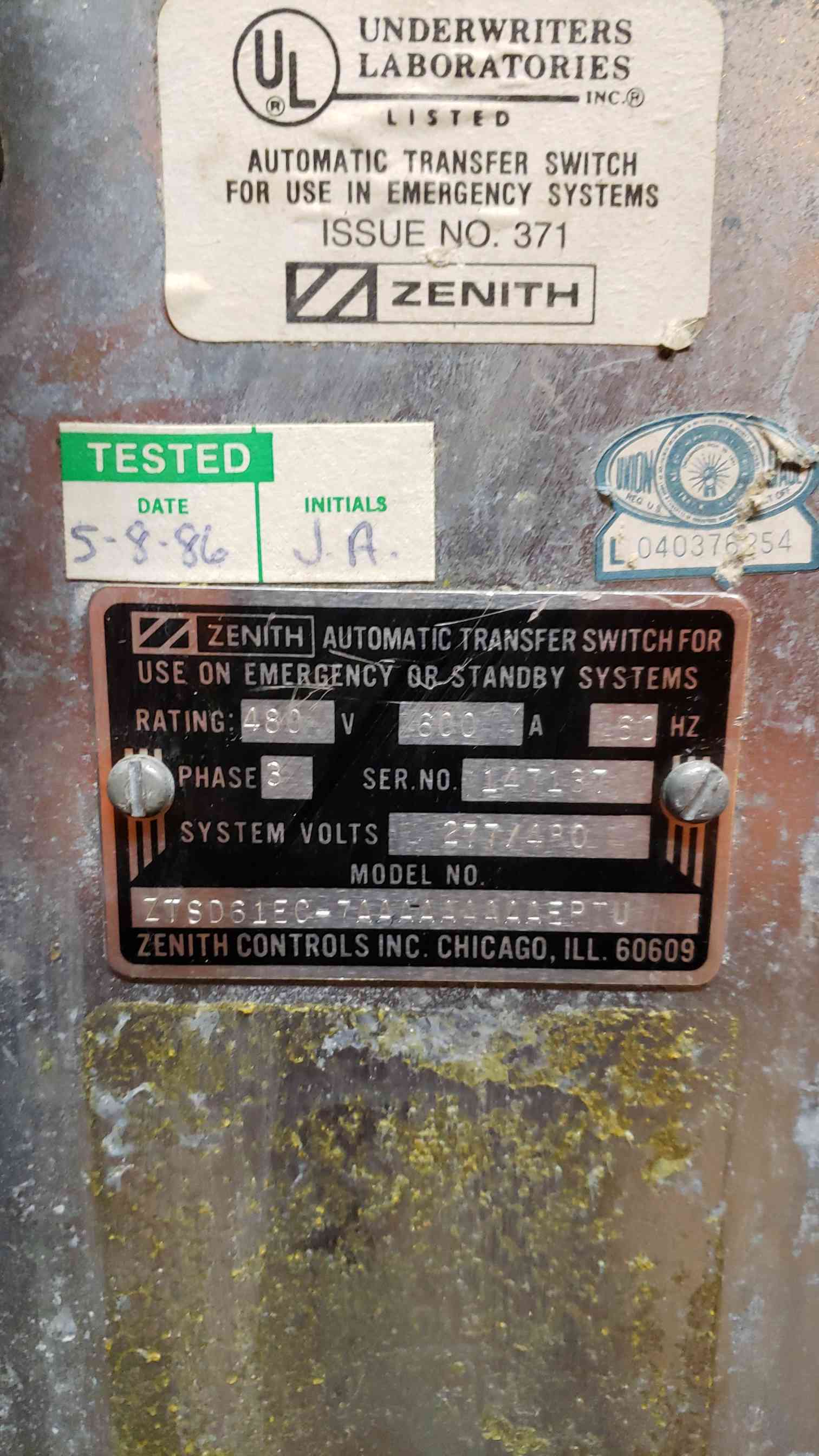 600 Amp. Zenith #ZTSD61EC7AAAAAAAAAEPTU, Automatic Transfer Switch, 3 phase, 60 Hz, 480 Volts - Image 3