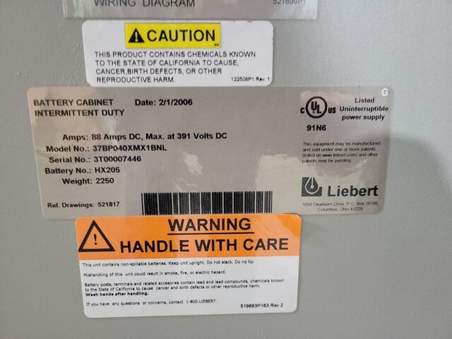88 Amps. Liebert #37BP040XMX1BNL, Battery Cabinet Intermittent Duty, 391 VDC - Image 2