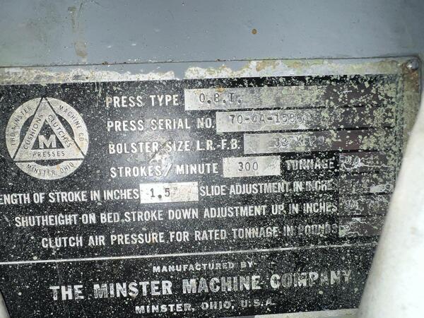 40 Ton, Minster #70-4A, Obi Press, 1.5" Str, 300 Spm, 3" slide adj, 14" Shut Height, air clutch & brake, dual - Image 8