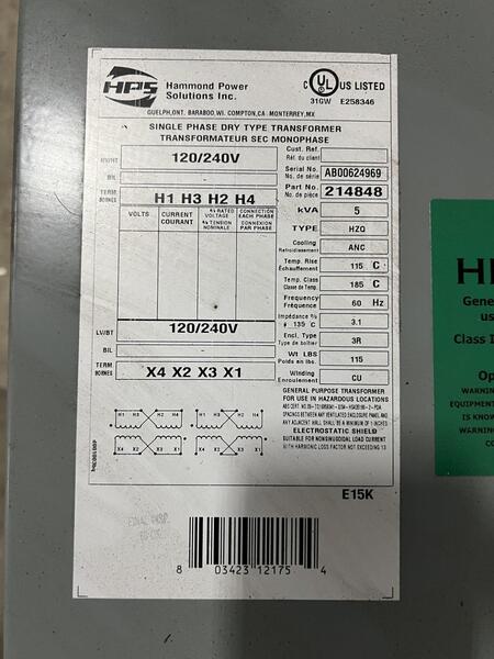 5 KVA 120/240 Primary,, Hammond #214848, Single Phase Transformer, Dry Type, 3R enclosure - Image 3