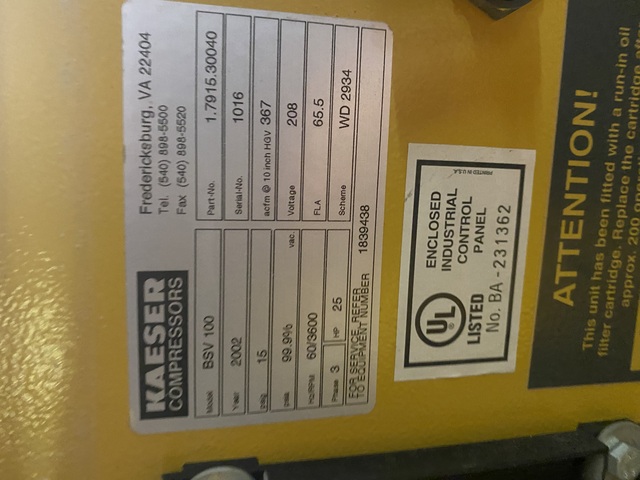 Kaeser #BSV-100, 40 HP vacuum pump, 208 V., 3600 RPM, 7700 hours, 2002 - Image 4