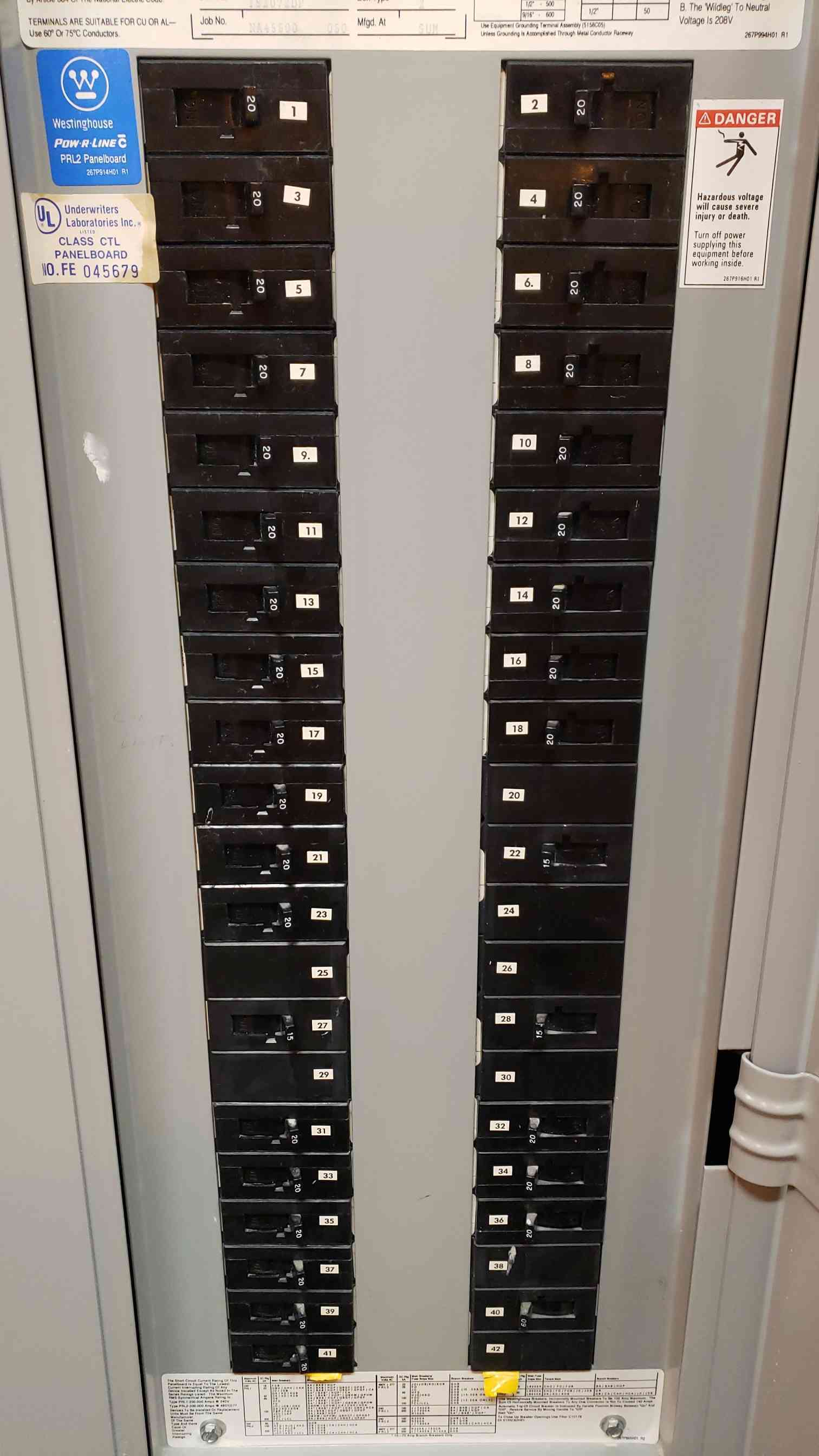 225 Amp. Westinghouse, PRL3, PowRLine Panelboard, (42) Main & Breakers, 3 Phase, 4-Wire, 480Y/277 V - Image 3