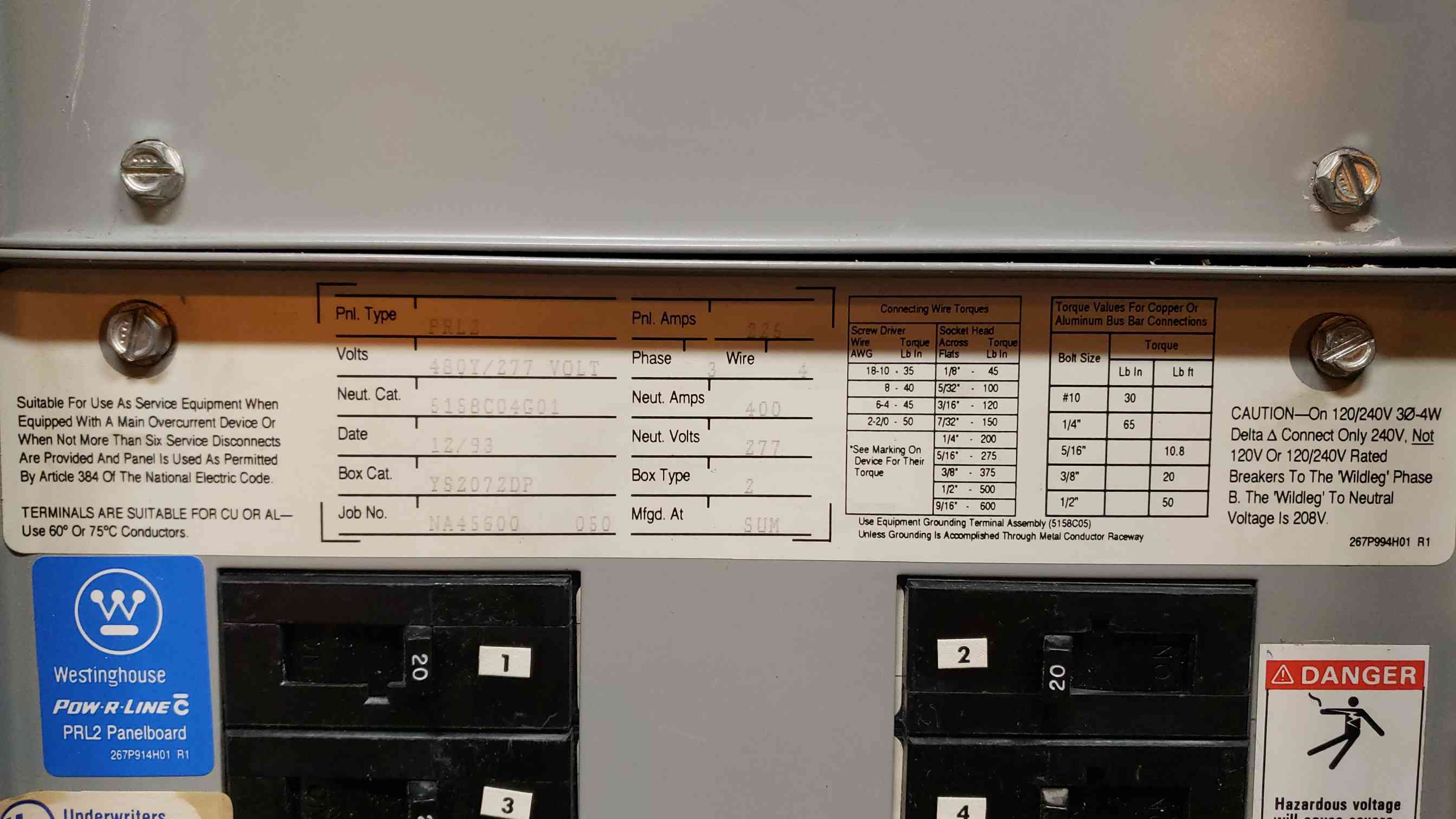 225 Amp. Westinghouse, PRL3, PowRLine Panelboard, (42) Main & Breakers, 3 Phase, 4-Wire, 480Y/277 V - Image 5