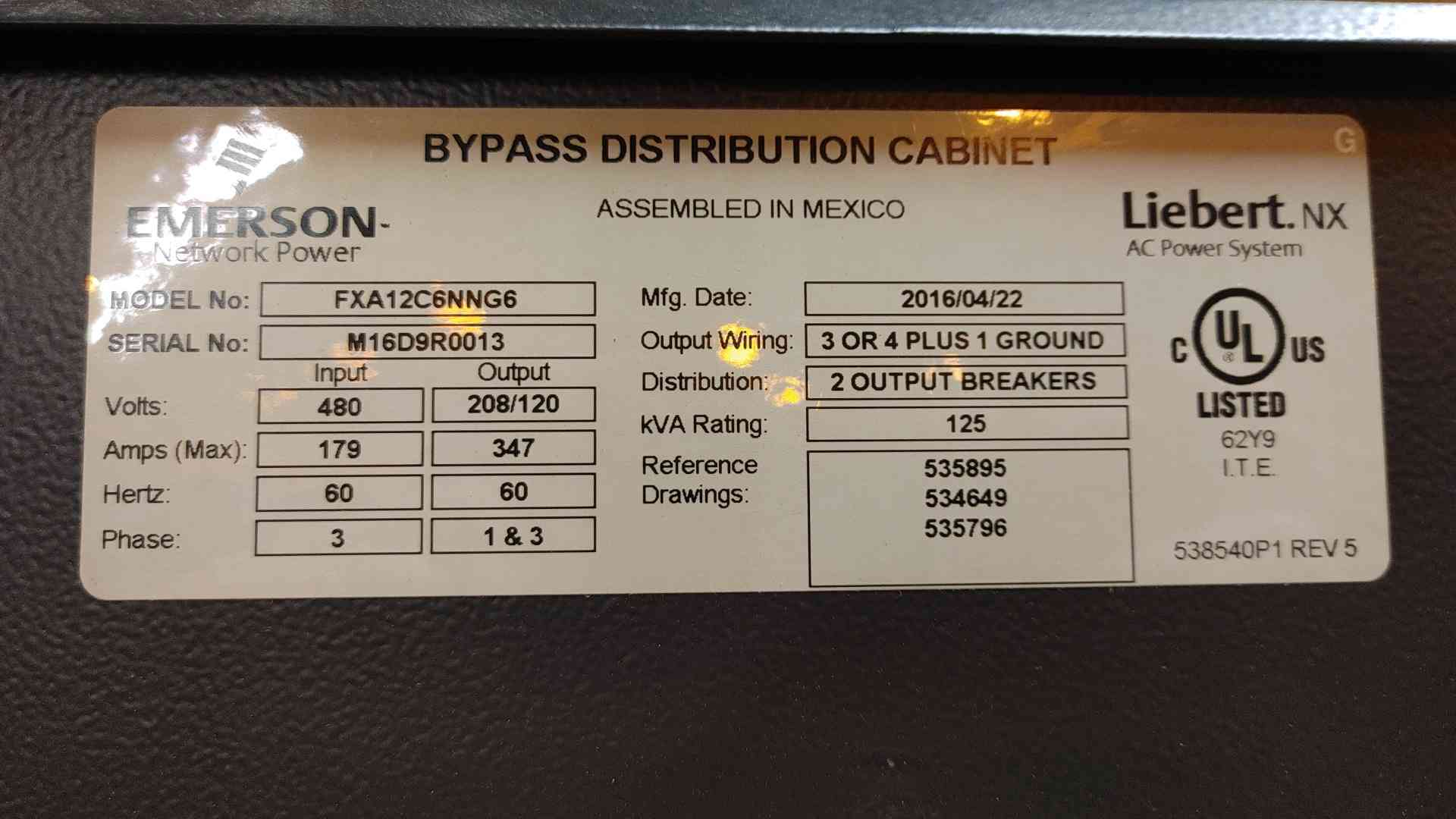 125 KVA Liebert #FXA12C6NNG6, NX Bypass Distribution Cabinet, 3 Phase, 347 Amps, 480 x 208/120 V, 2016 - Image 7