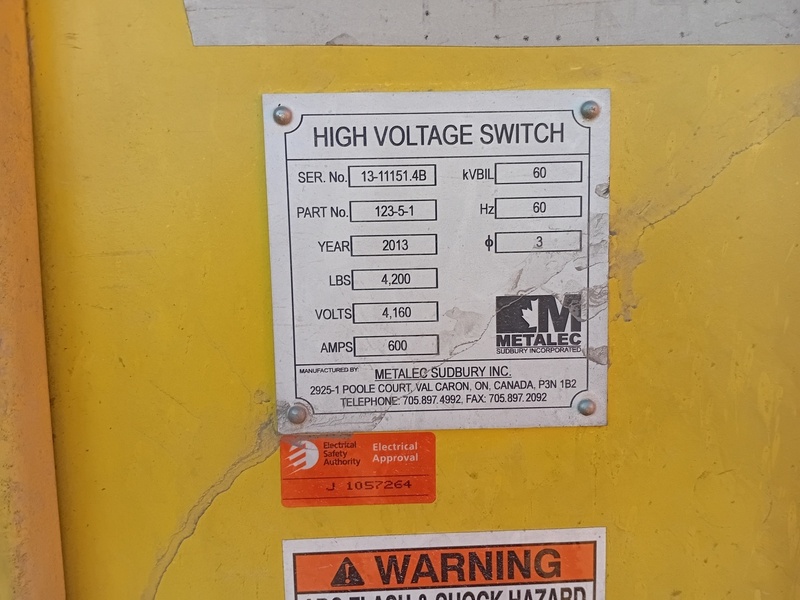 600 Amp. Metalec #123-5-1, high voltage switch, 4160 Volts, 2013 - Image 2