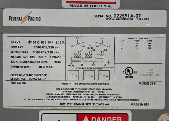 55 KVA 208/120 Primary, 208/120 Secondary, Federal Pacific #WS-8, Transformer, 3 Phase, 60 Hz - Image 4