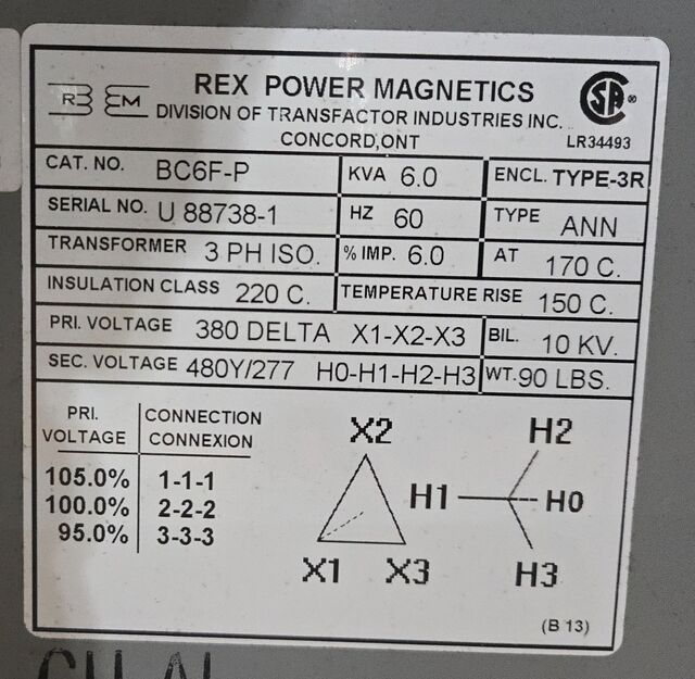 6 KVA 380 Primary, 480Y/277 Secondary, Rex Power Magnetics #BC6F-P, Transformer - Image 4