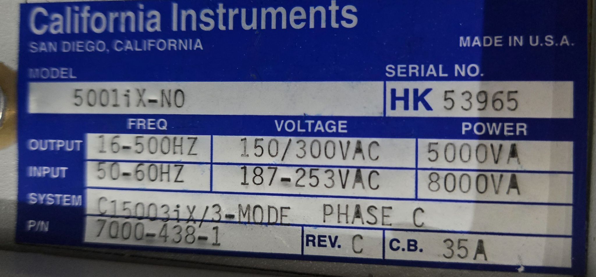 California Instruments #5001iX-NO, Power Source, 5 kVA & 8 kVA, 150/300 V Input, 187-253 V Output - Image 6