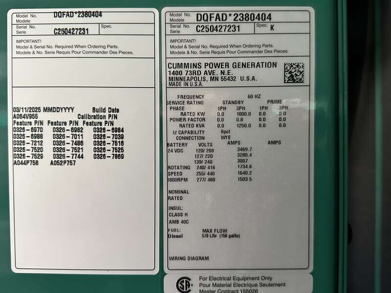 1000 KW Cummins #DQFAD, standby diesel generator set, 480 Volts, EPA Tier 2, sound attenuated enclosure, 2025 - Image 5