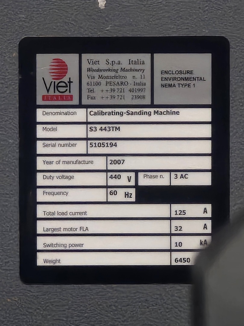 53" Viet #S3-443TM, 3-head belt & drum sander, 3-200mm material thickness, 3-20m/min, 2007 - Image 2