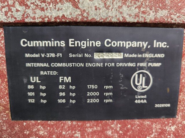 86 HP Cummins #V-378-F1, Driving Fire Pump Engine Internal Combustion 59 Hours - Image 2