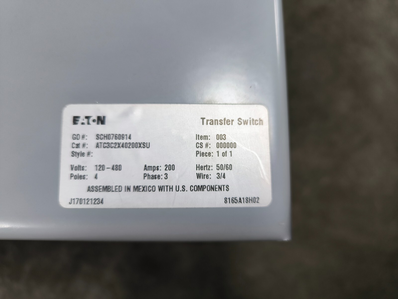 200 Amp. Eaton #ATC3C2X40200XSU, Transfer Switch, 120/480 VAC, 3PH 4P 3/4W Type 1 - Image 3