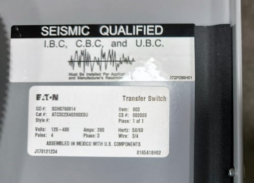 200 Amp. Eaton #ATC3C2X40200XSU, Transfer Switch, 120/480 VAC, 3PH 4P 3/4W Type 1 - Image 5