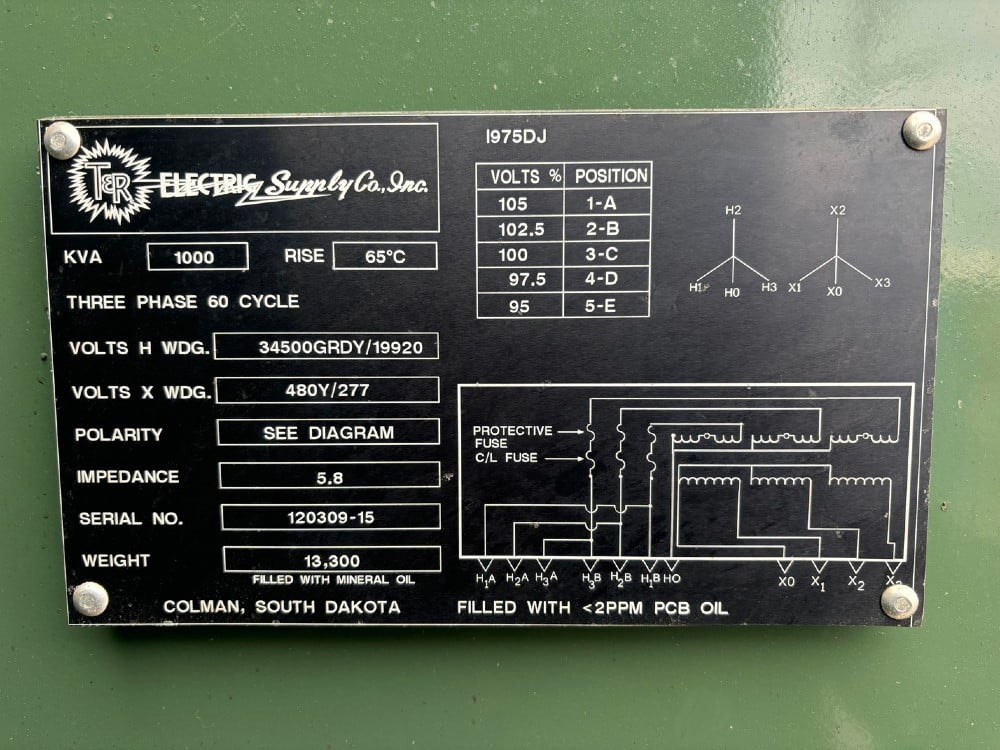 1000 KVA 34500GRDY/19920 Primary, 480Y/277 Secondary, T & R Electric, padmount transformer - Image 1