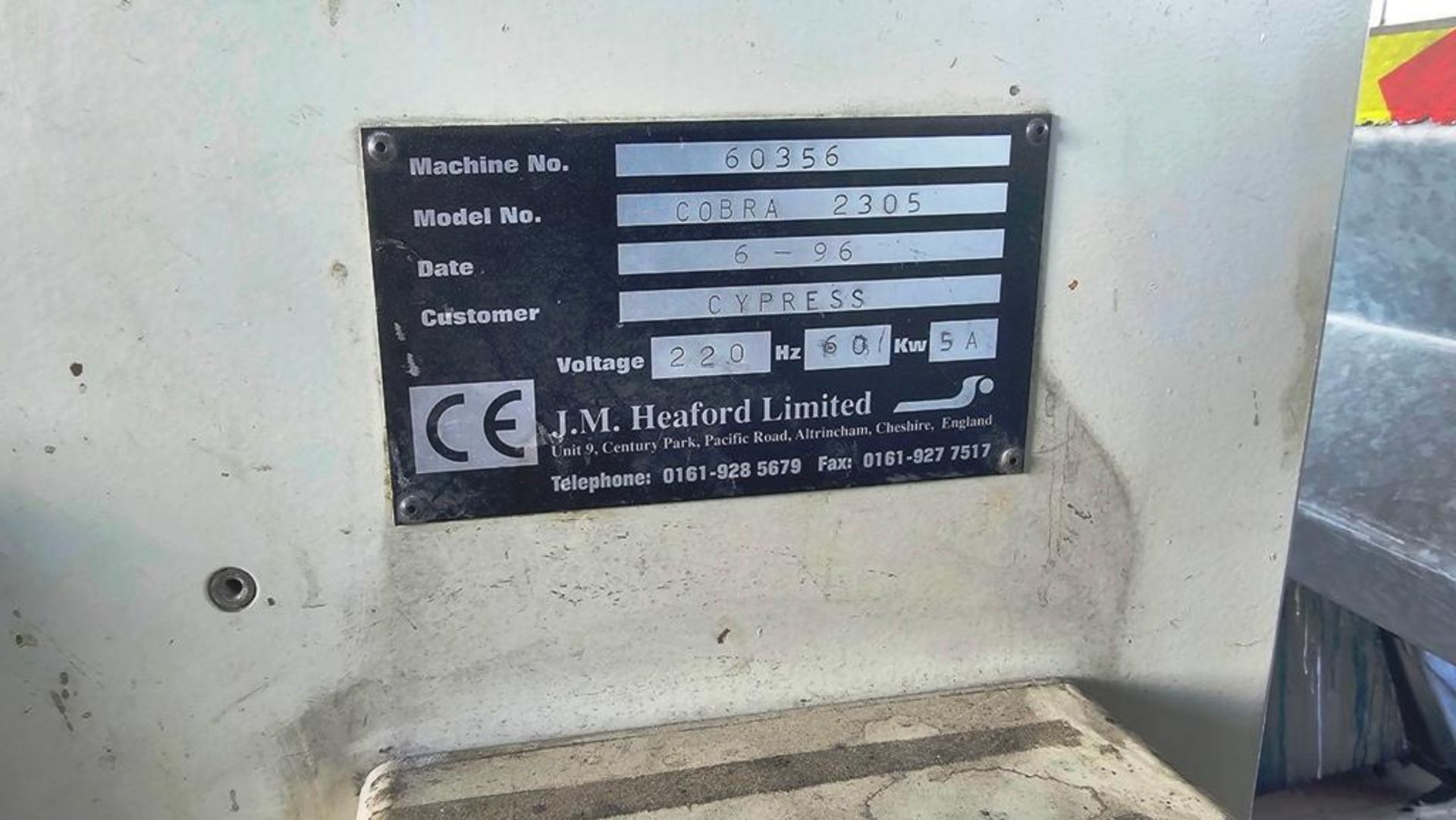 60" Mounter proofer, JM Heaford #Cobra-2305, 5 amps, 220 V., s/n #60356, 1996 - Image 2