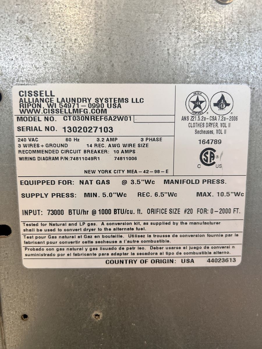 30 Lb. Cissel #CT030NREF6A2W01, Natural Gas Heated Dryer, Open Pocket, Reversing Cylinder, 73000 BTU/hr., 240 - Image 5