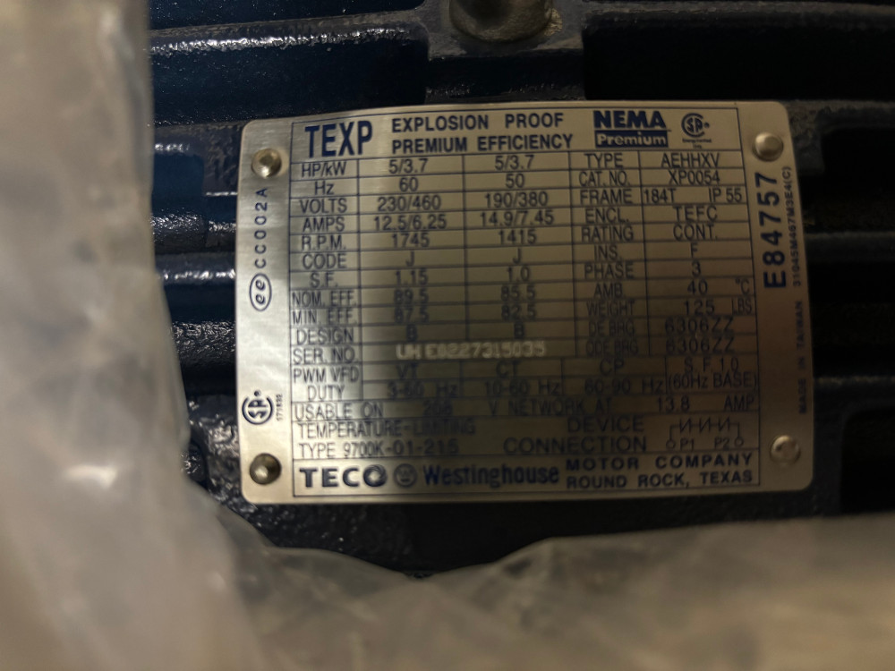 5 HP 1800 RPM Teco, Frame 184T, TEFC Explosion Proof, 230/460 Volts (80 available) - Image 1