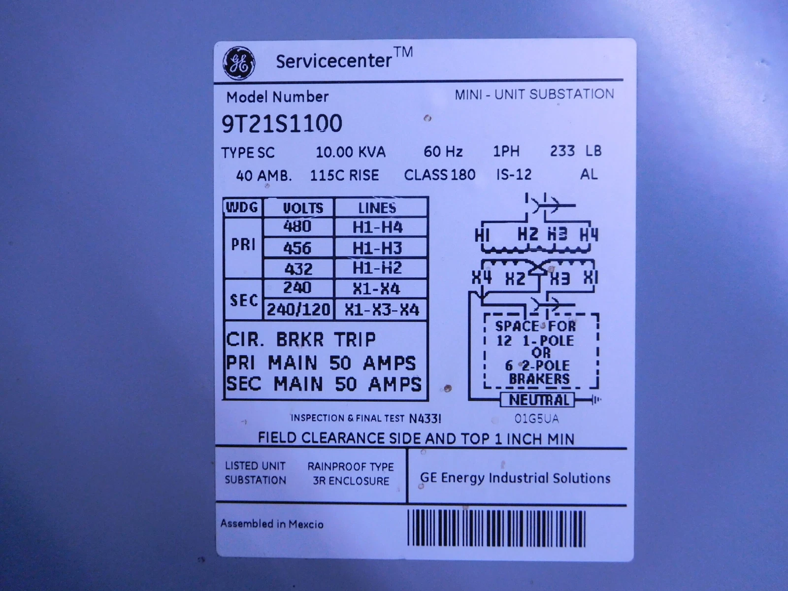 10 KVA 480 Primary, 240/120 Secondary, General Electric 9T21S1100 Servicenter mini-unit substation - Image 3