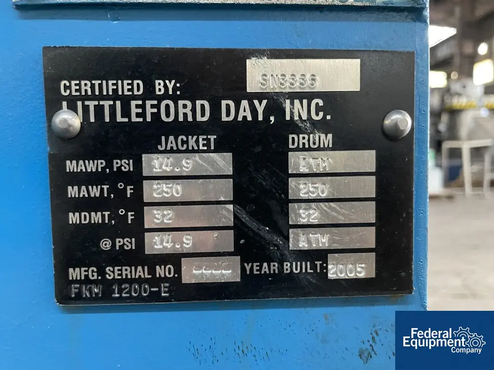 Littleford #FKM-1200E, Carbon Steel, 42 cu.ft., 29.4 cu ft working capacity, jacketed for 14.9 psi at 250°F - Image 3