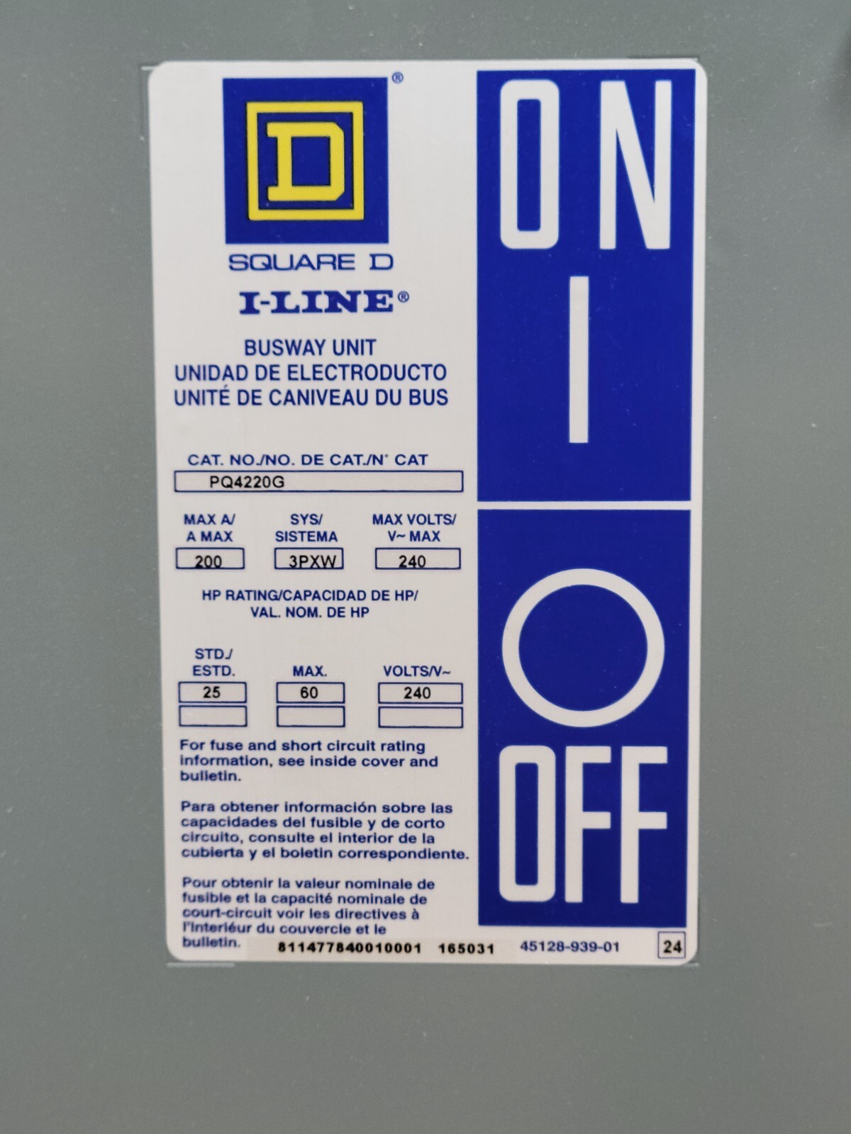 200 Amps, Square D, PQ4220G, Fusible I-Line Busway Bus Plug, 240VAC 3PH 4 Wire Class H - Image 3