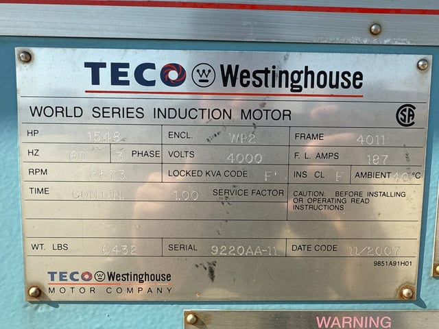 1500 HP 3600 RPM Teco Westinghouse, Frame 4011, WPIISB, 4000 Volts (4 available) - Image 3