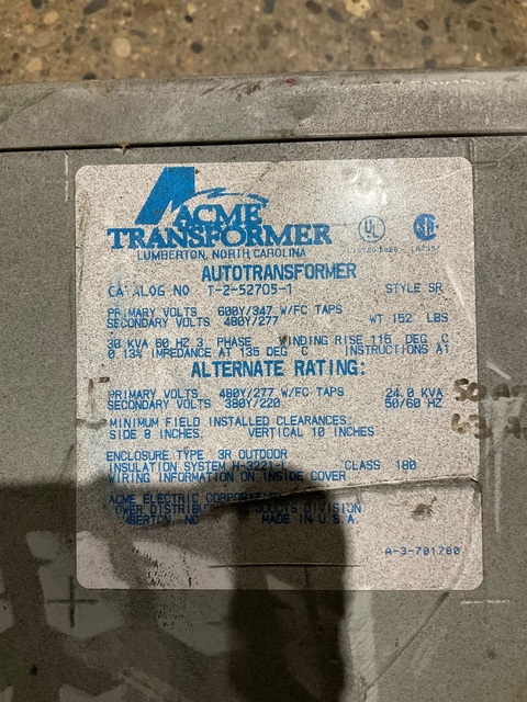 30 KVA 600Y/347 Primary, 480Y/277 Secondary, Acme T-2-52705-1 transformer - Image 2
