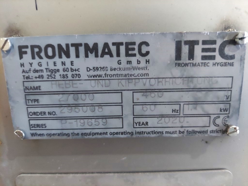 770 lb. Frontmatec #27000, portable container dumper, Stainless Steel, 460 V, 9' dump height, 108" dump, - Image 4
