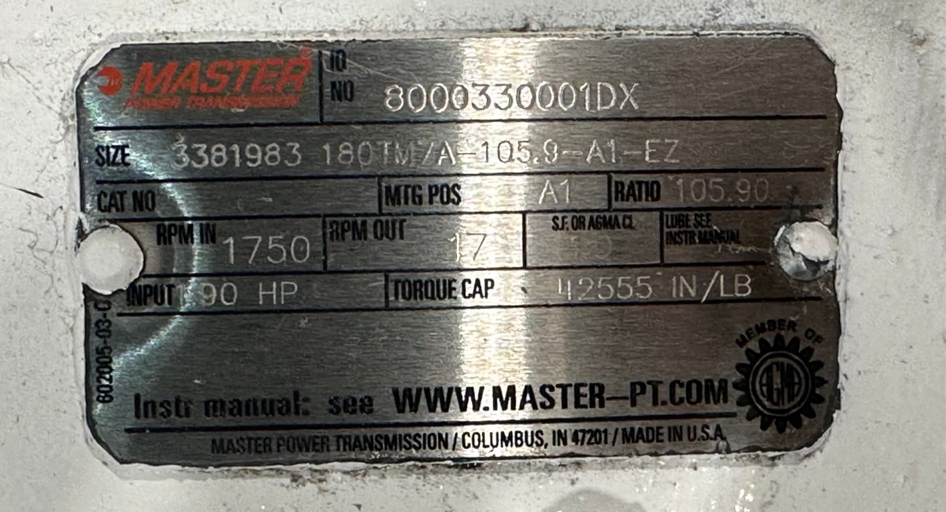 11.9 HP @ 1750 RPM, Master Power Transmission, Gear Reducer, 17 RPM Out, 105.90 :1 Ratio, 2.625" dia. Shaft - Image 6