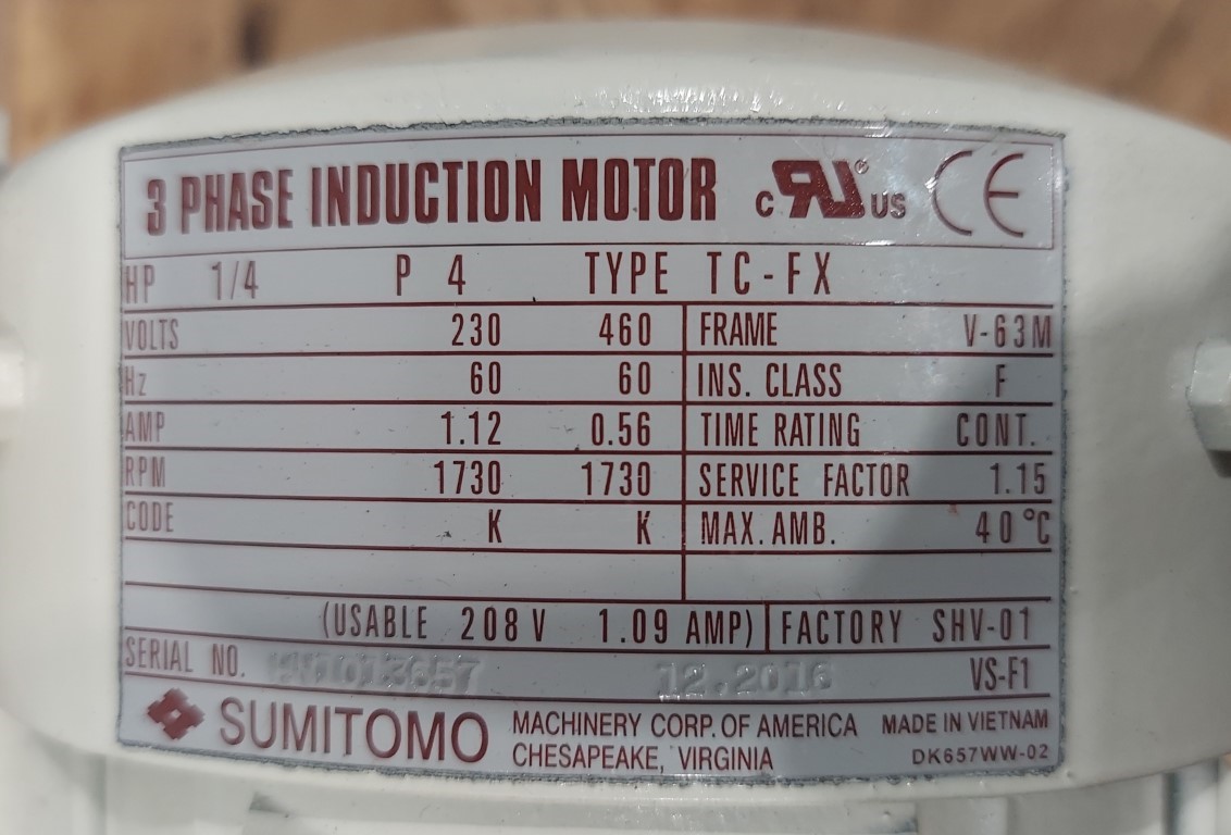 .2 HP @ .847 RPM, Sumitomo, Gear Drive w/Motor, 2065.00 :1 Ratio, 0.25 HP & 230/460 V Motor, 2017 - Image 5