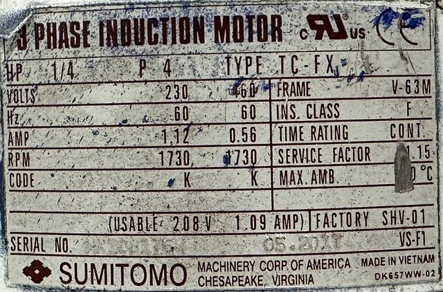 .25 HP 1730 RPM Sumitomo #CNHMS02-6105DAYA-289, Inline Gear Motor Reducer, 289:1 Ratio, 3 Phase, 6.06 Out - Image 4