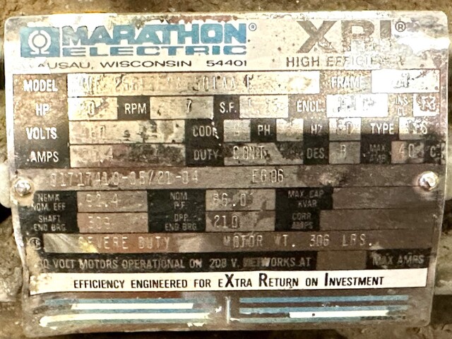 20 HP 3537 RPM Marathon #5VA-256TTFNA6501AAL, Electric Motor, Frame 256T, 3 Phase, 60 Hz, 23.4 Amps, 460 V - Image 6