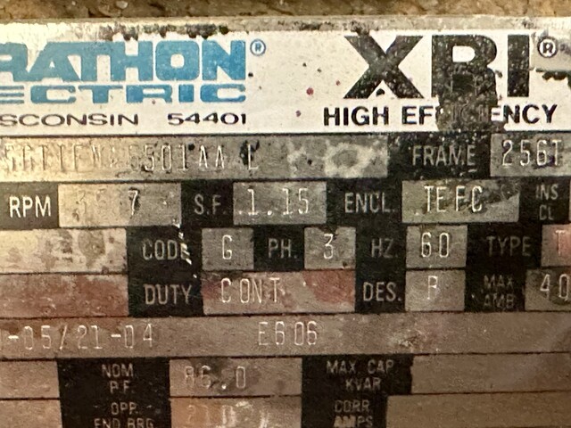 20 HP 3537 RPM Marathon #5VA-256TTFNA6501AAL, Electric Motor, Frame 256T, 3 Phase, 60 Hz, 23.4 Amps, 460 V - Image 8