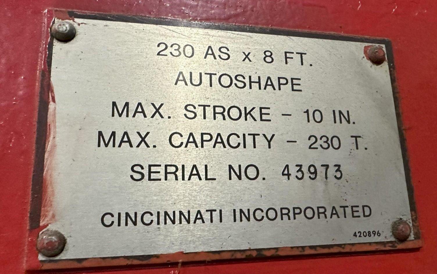 230 Ton, Cincinnati #230-8AS, hydraulic CNC press brake, 10' overall, 102" between housing, 10" stroke, 17" - Image 3