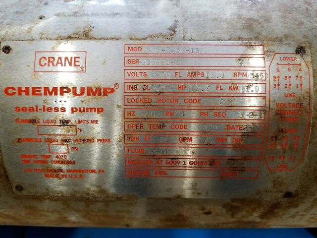 91' TDH, Crane Chempump #GVD-7.5K-1S, Seal-Less Pump, 12.2 HP, 460 V - Image 8