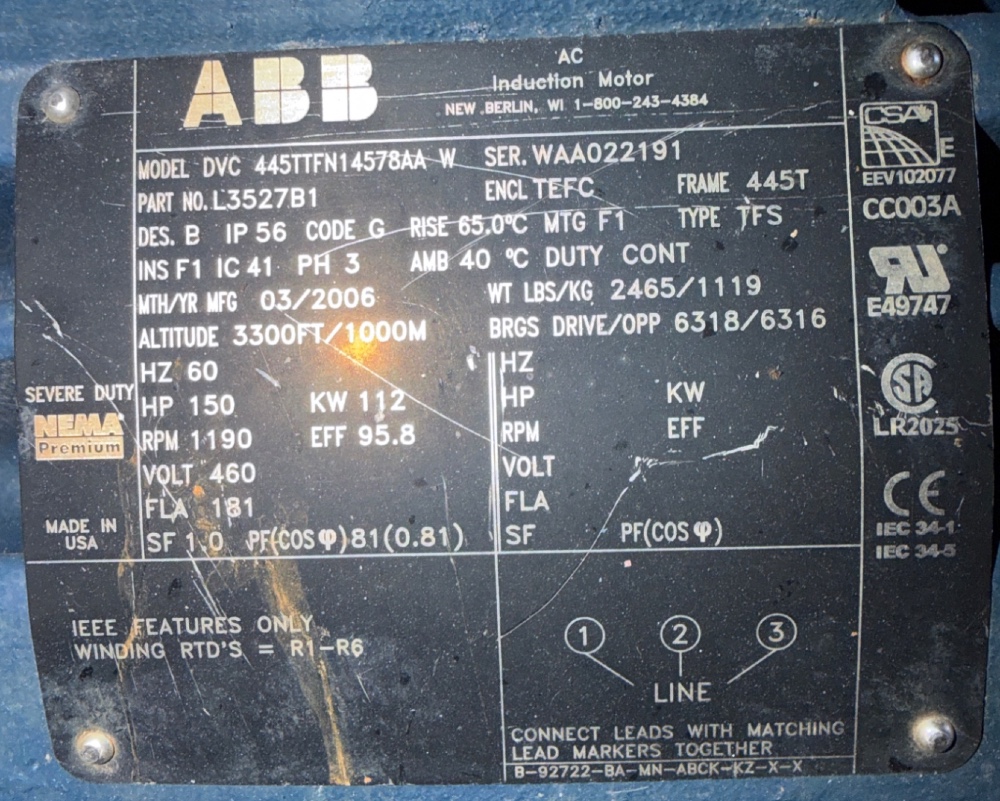 150 HP 1190 RPM ABB, Frame 445T, Ball, TEFC, 1.15 service factor, 460 Volts - Image 1