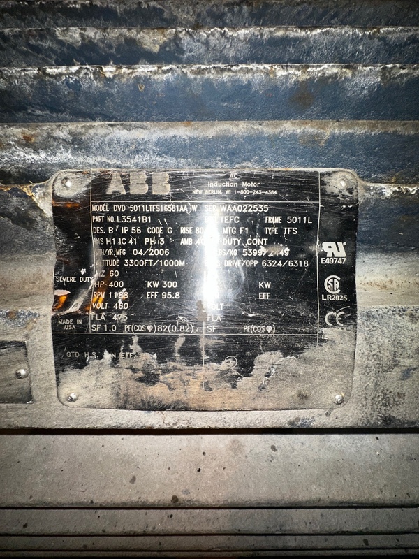 400 HP 1188 RPM ABB, Frame 5011LS, TEFC, BB, 460 Volts (2 Available) - Image 1